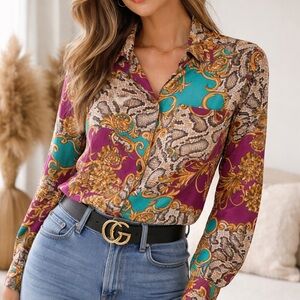 Vintage 90s Silk Baroque Scarf Print Blouse | Snake Print | SK & Company